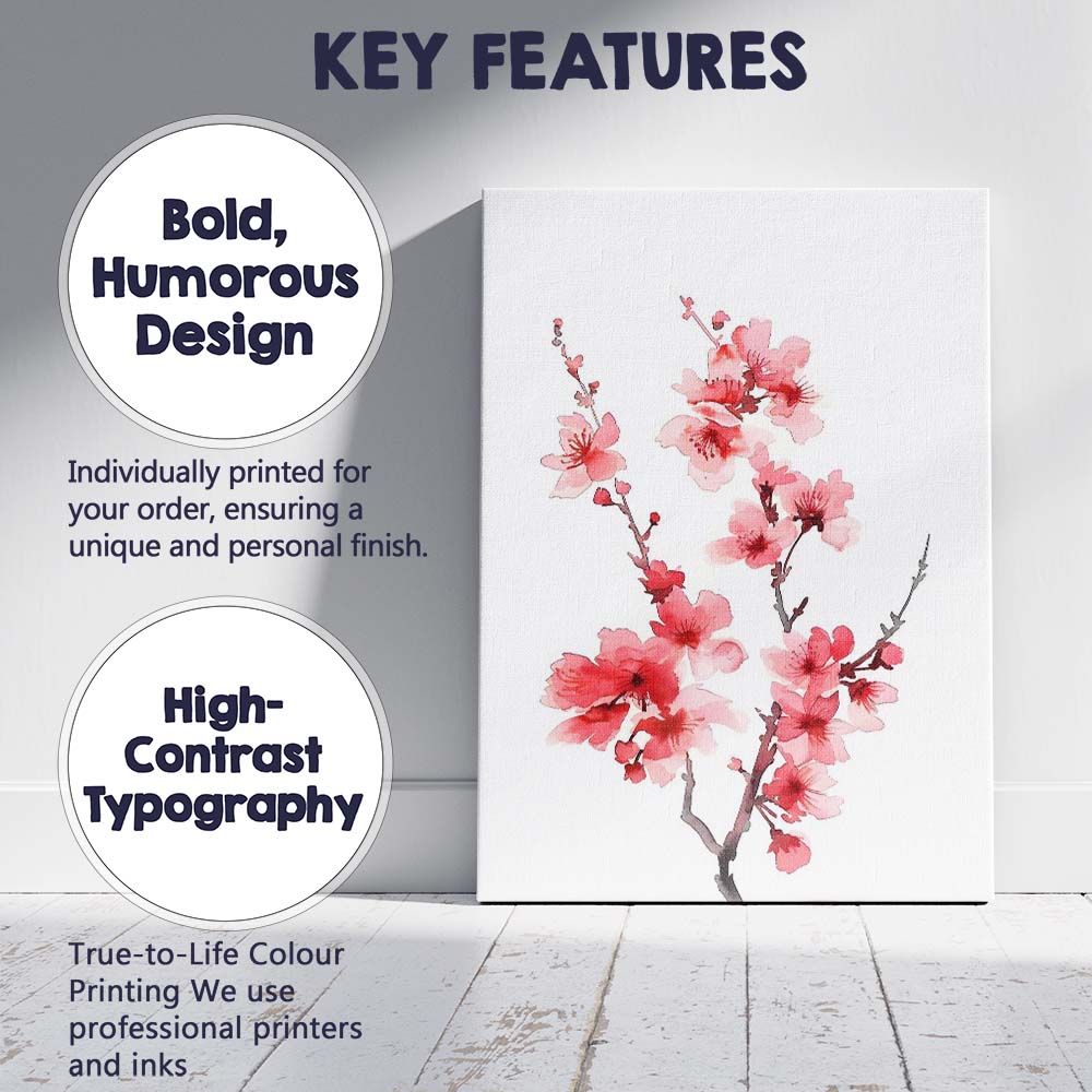 Vibrant Coral Pink Cherry Blossom Branch Watercolour Canvas Wall Art Print Decor Picture Ready to Hang