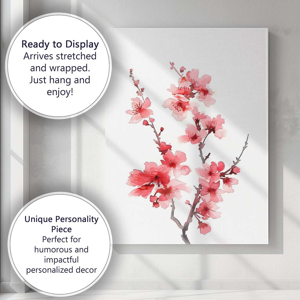 Vibrant Coral Pink Cherry Blossom Branch Watercolour Canvas Wall Art Print Decor Picture Ready to Hang