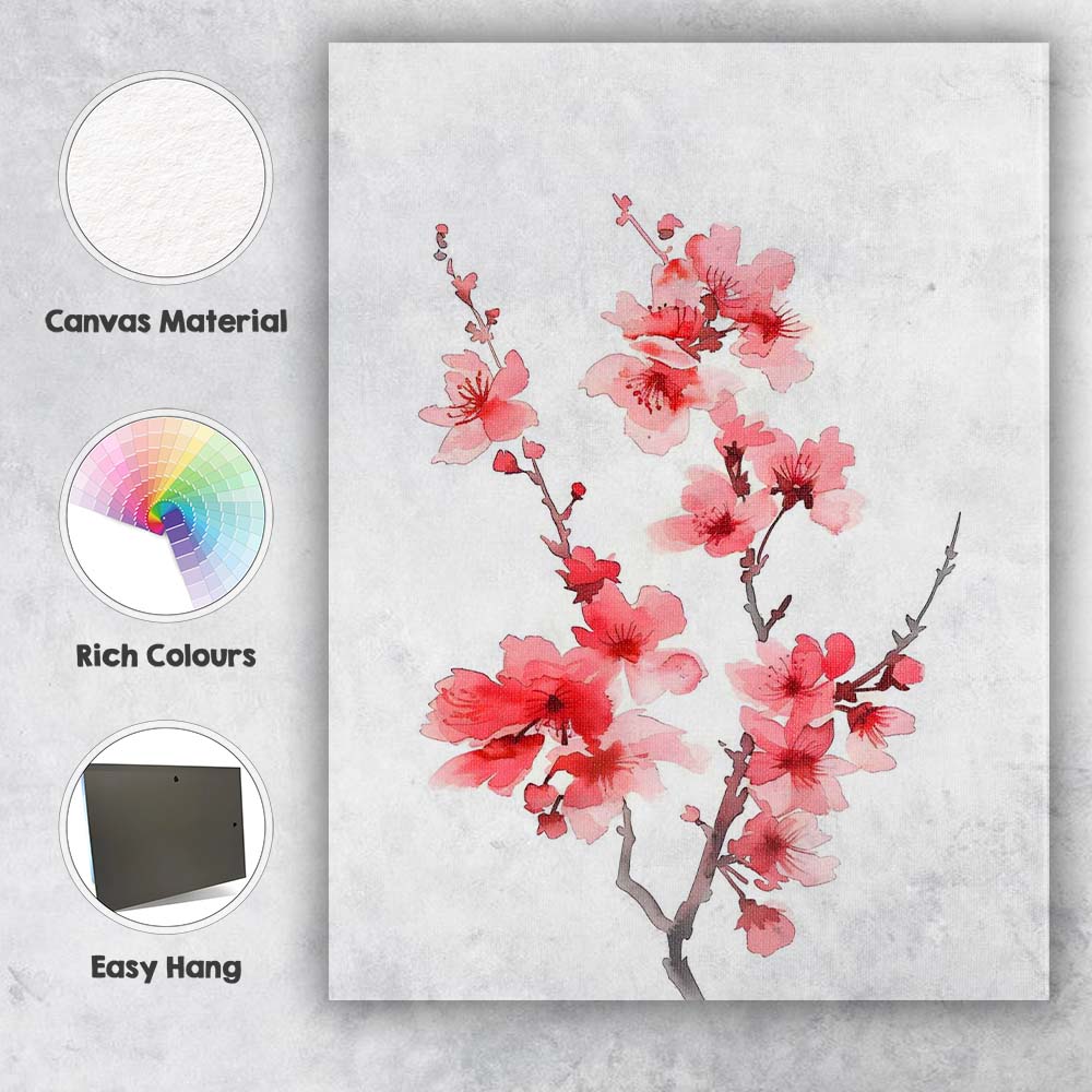 Vibrant Coral Pink Cherry Blossom Branch Watercolour Canvas Wall Art Print Decor Picture Ready to Hang