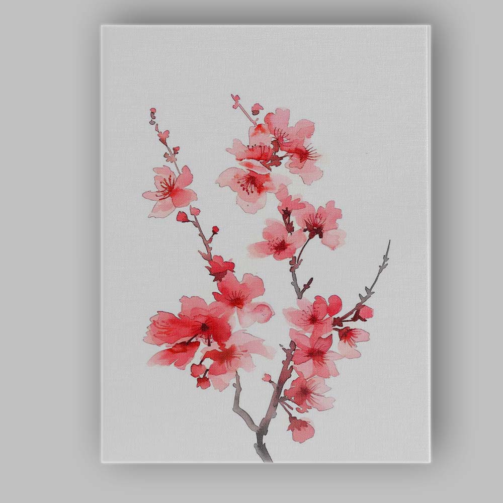 Vibrant Coral Pink Cherry Blossom Branch Watercolour Canvas Wall Art Print Decor Picture Ready to Hang