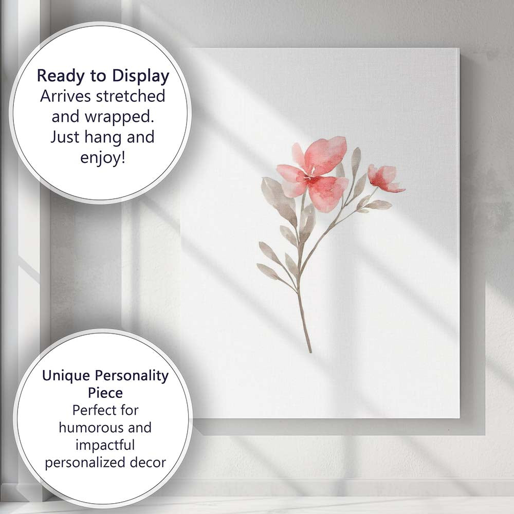 Minimal Coral Pink Botanical Watercolour Flower Stem Canvas Wall Art Print Decor Picture Ready to Hang