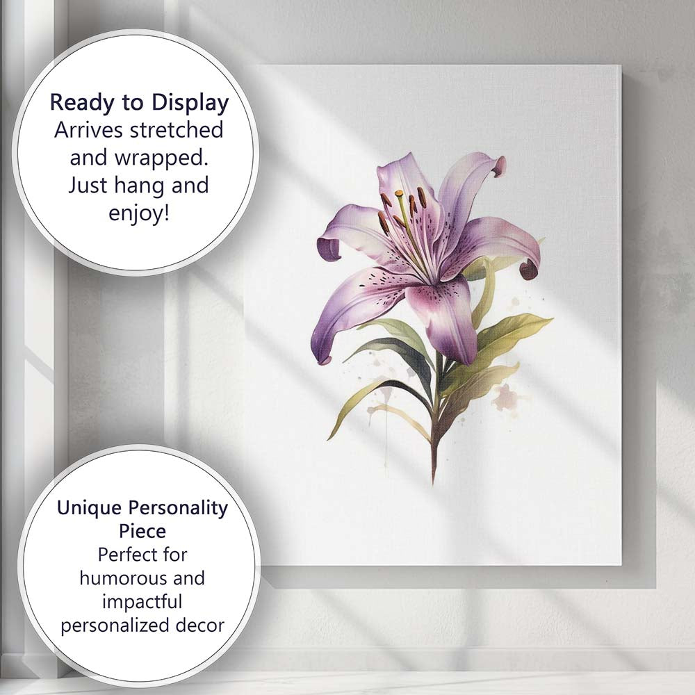 Elegant Lavender Lily Botanical Watercolour Floral Canvas Wall Art Print Decor Picture Ready to Hang