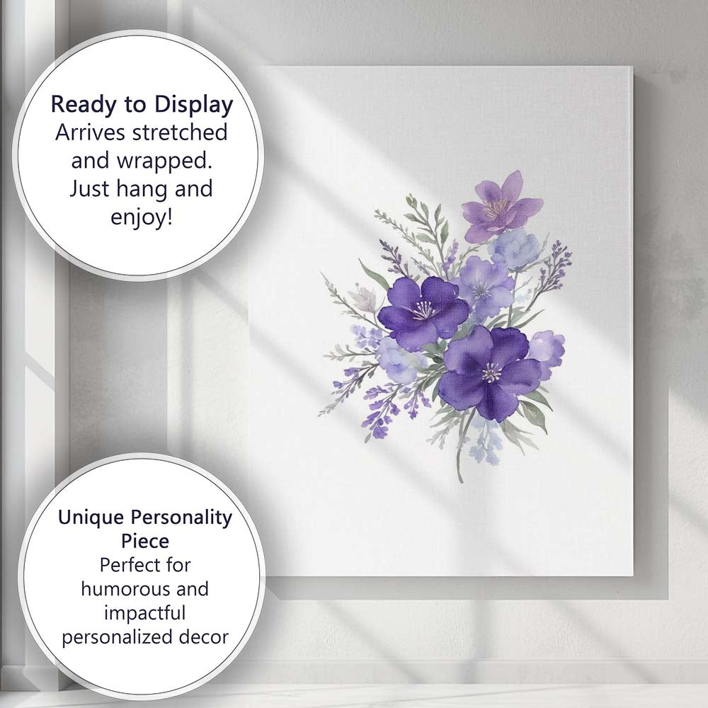 Purple Wildflower Bouquet Watercolour Botanical Floral Canvas Wall Art Print Decor Picture Ready to Hang