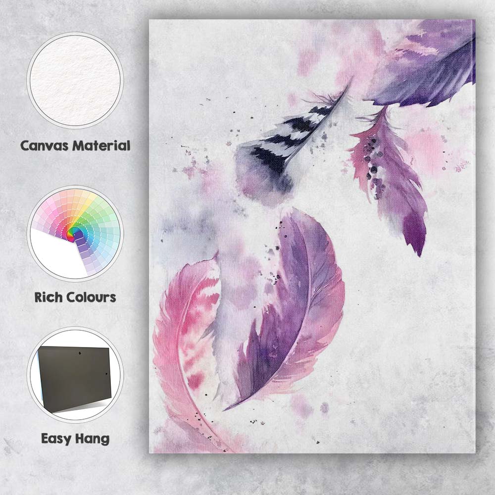Blush Purple Watercolour Feathers Abstract Boho Canvas Wall Art Print Decor Picture Ready to Hang