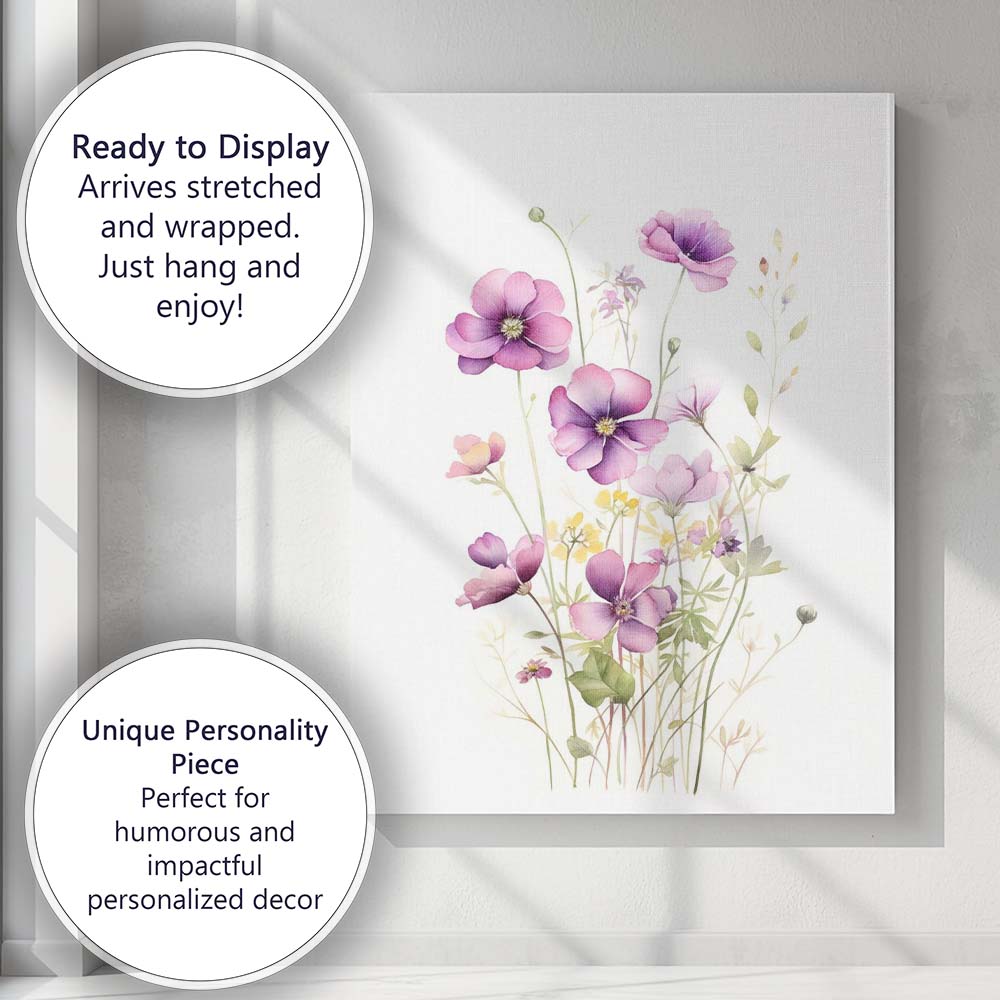 Pastel Pink Purple Wildflower Meadow Watercolour Canvas Wall Art Print Decor Picture Ready to Hang