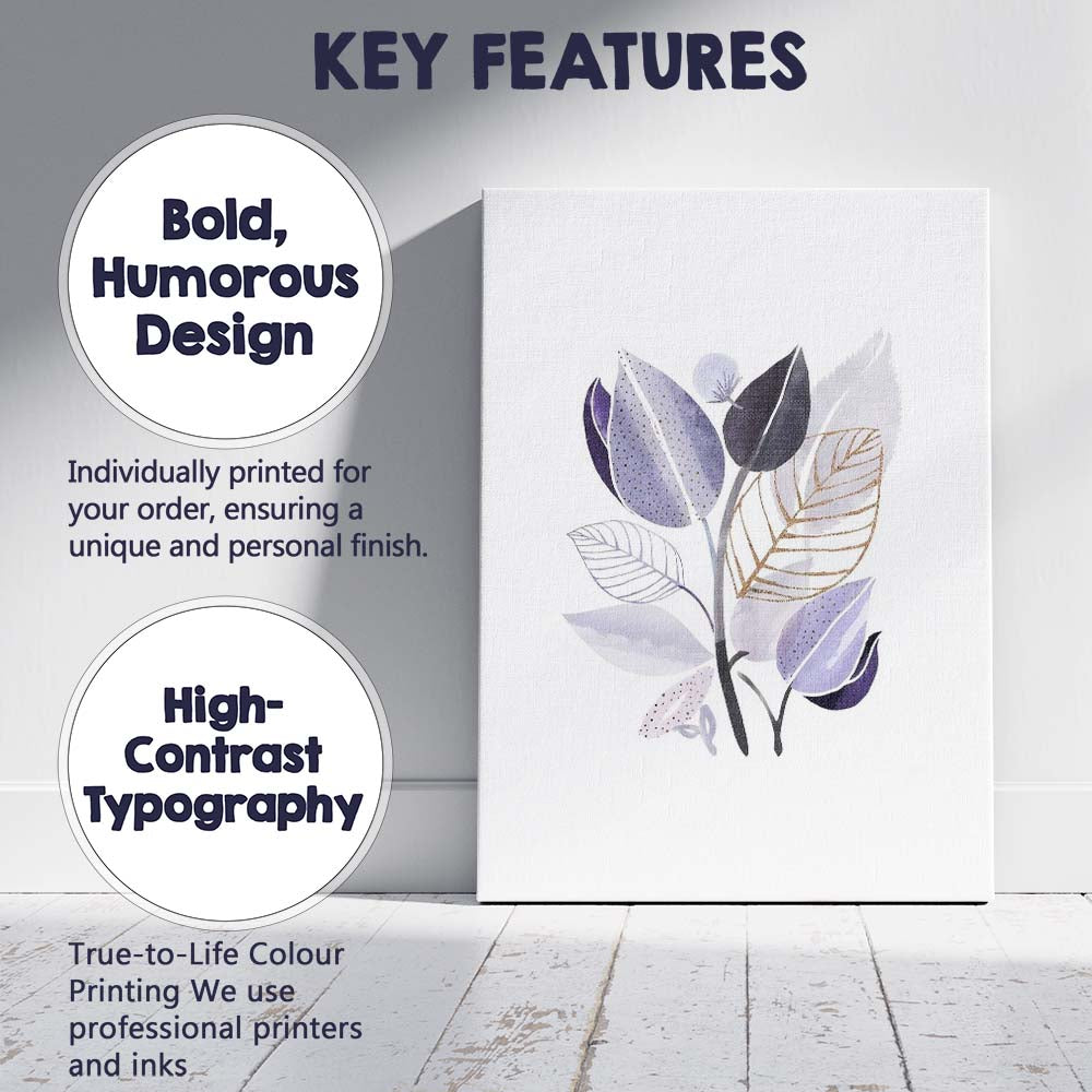 Modern Purple Botanical Leaf Watercolour Gold Foil Illustration Canvas Wall Art Print Decor Picture Ready to Hang
