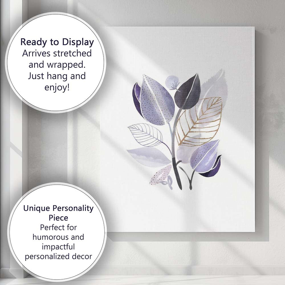Modern Purple Botanical Leaf Watercolour Gold Foil Illustration Canvas Wall Art Print Decor Picture Ready to Hang
