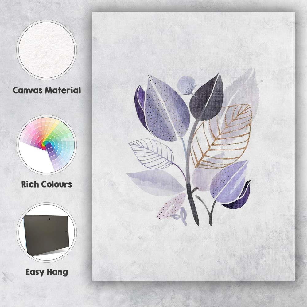 Modern Purple Botanical Leaf Watercolour Gold Foil Illustration Canvas Wall Art Print Decor Picture Ready to Hang