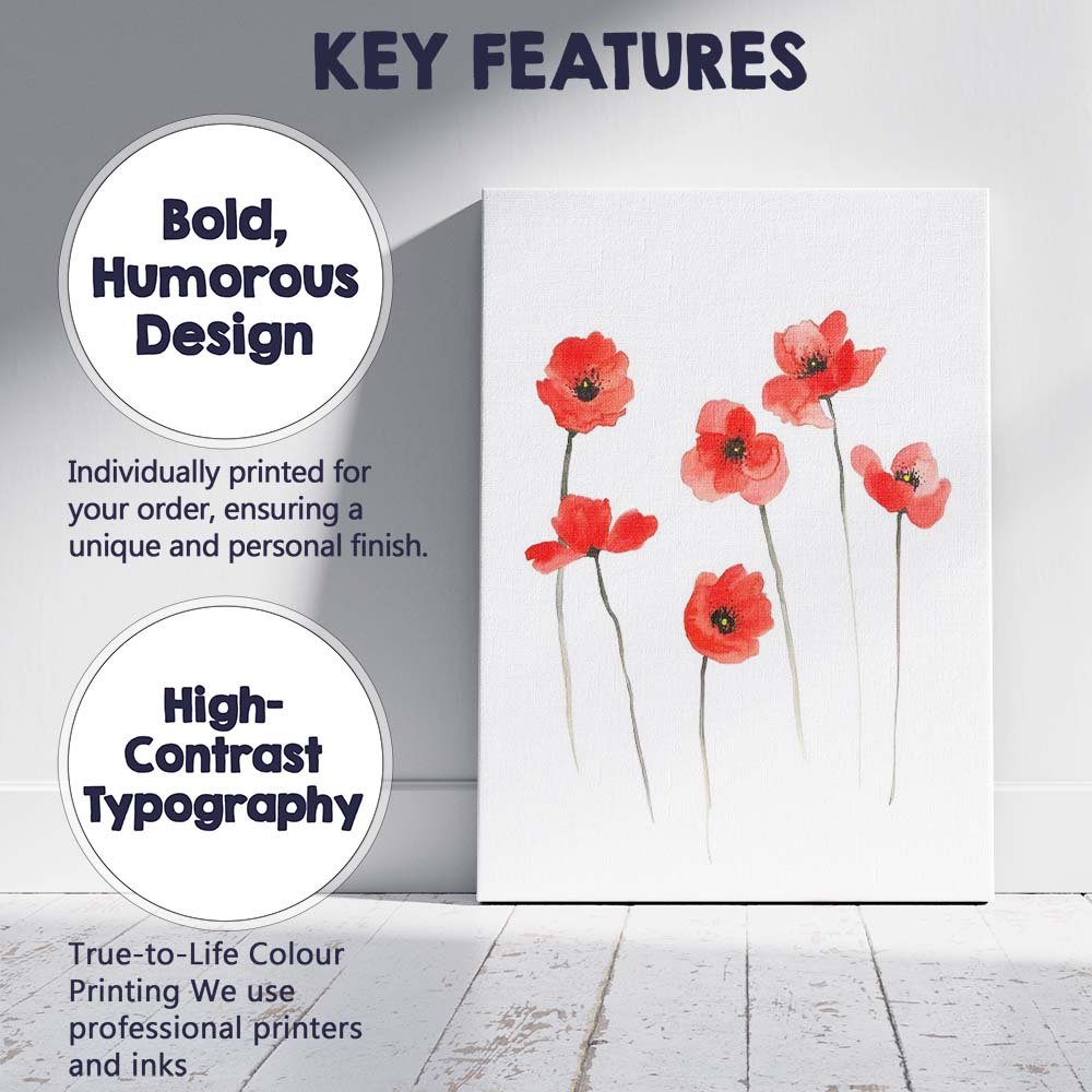 Minimal Red Poppy Wildflower Watercolour Botanical Canvas Wall Art Print Decor Picture Ready to Hang