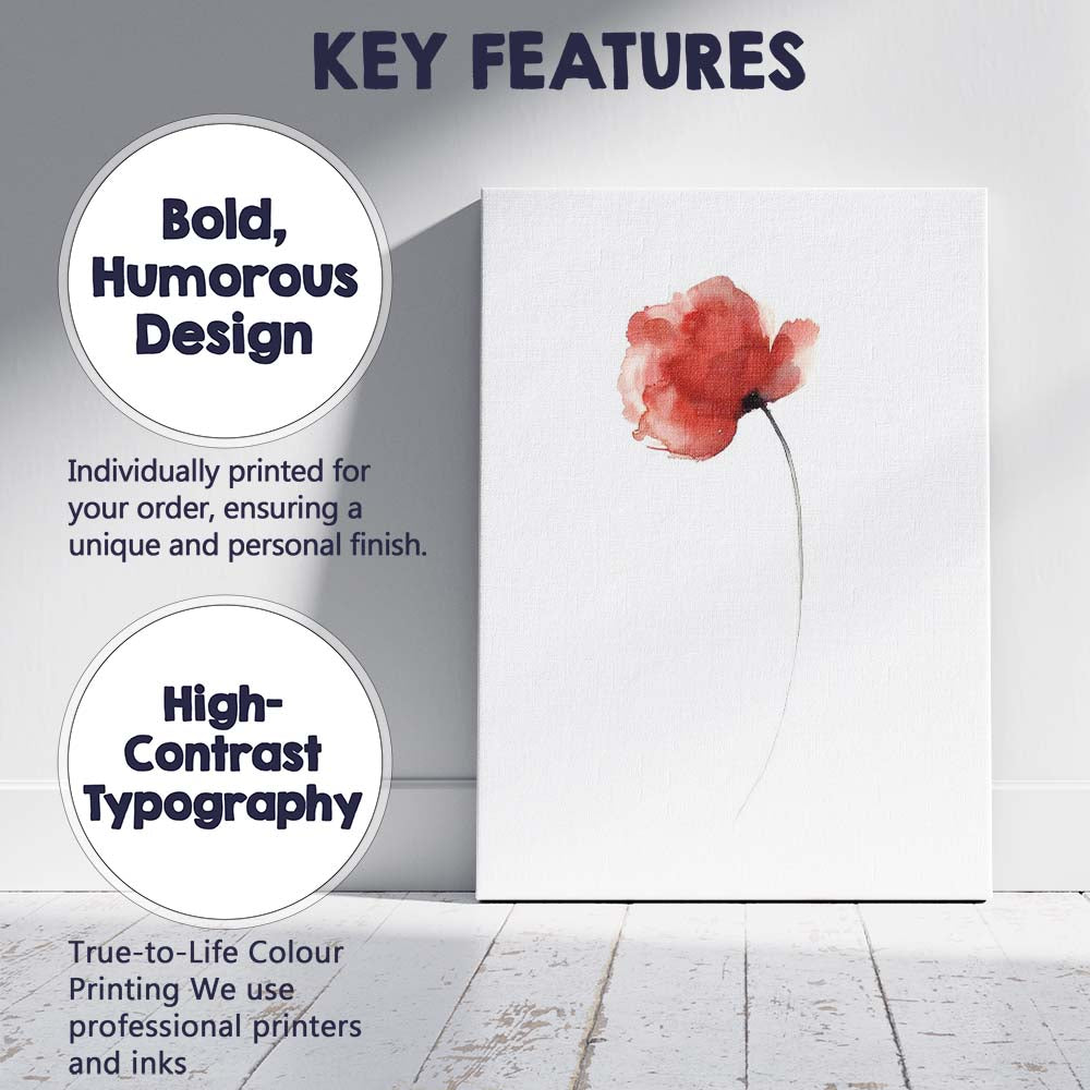 Single Scarlet Poppy Minimal Watercolour Botanical Canvas Wall Art Print Decor Picture Ready to Hang