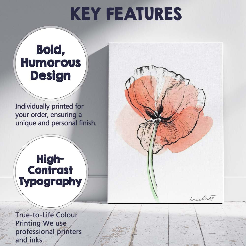 Contemporary Coral Poppy Line Art Watercolour Canvas Wall Art Print Decor Picture Ready to Hang