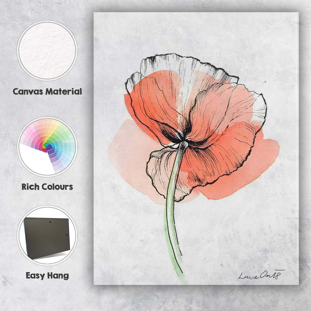 Contemporary Coral Poppy Line Art Watercolour Canvas Wall Art Print Decor Picture Ready to Hang