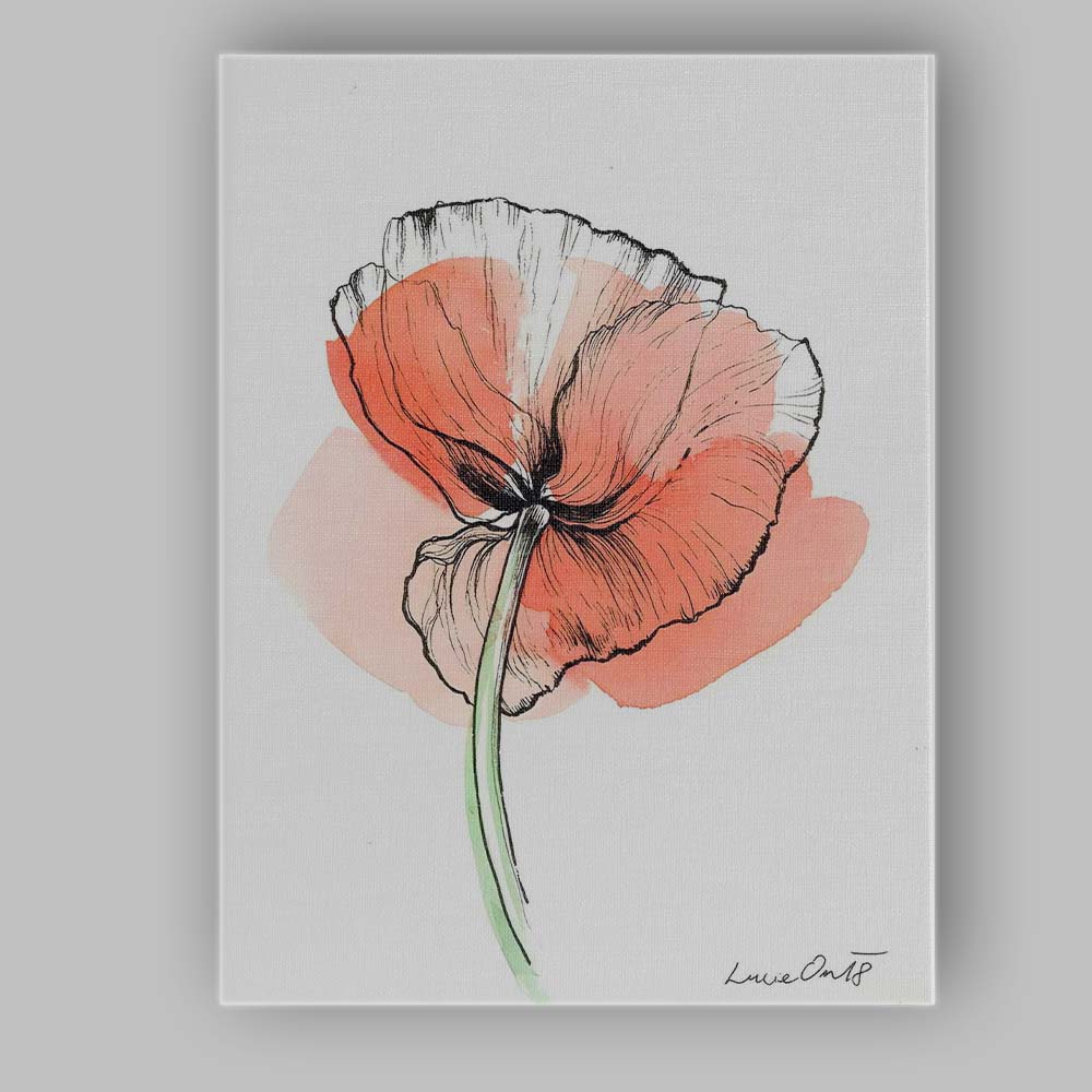 Contemporary Coral Poppy Line Art Watercolour Canvas Wall Art Print Decor Picture Ready to Hang