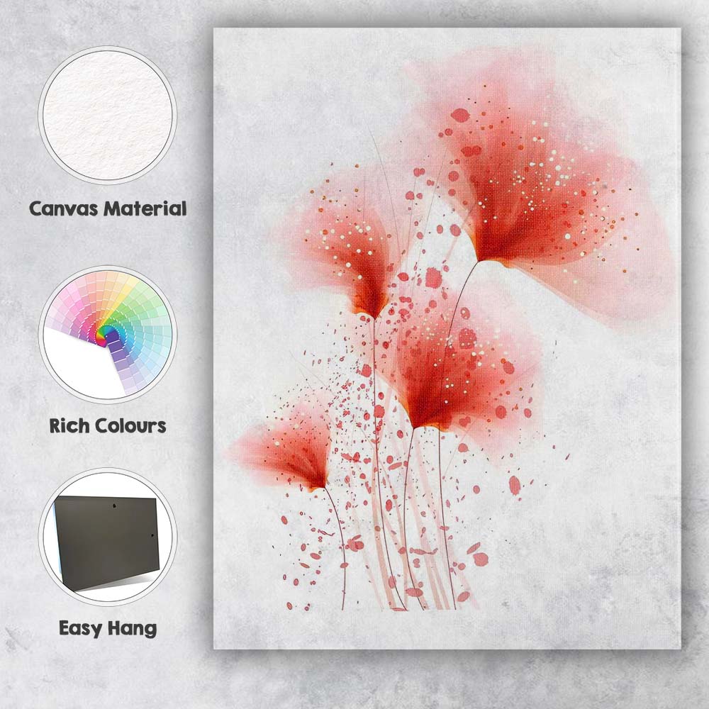 Abstract Coral Poppy Splash Watercolour Floral Canvas Wall Art Print Decor Picture Ready to Hang