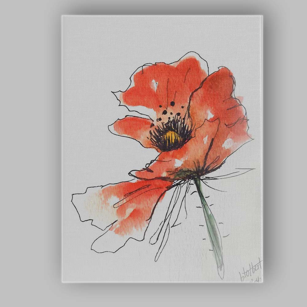 Expressive Coral Poppy Ink Sketch Watercolour Canvas Wall Art Print Decor Picture Ready to Hang