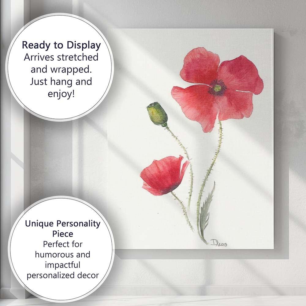 Classic Red Poppy Flower Botanical Watercolour Canvas Wall Art Print Decor Picture Ready to Hang