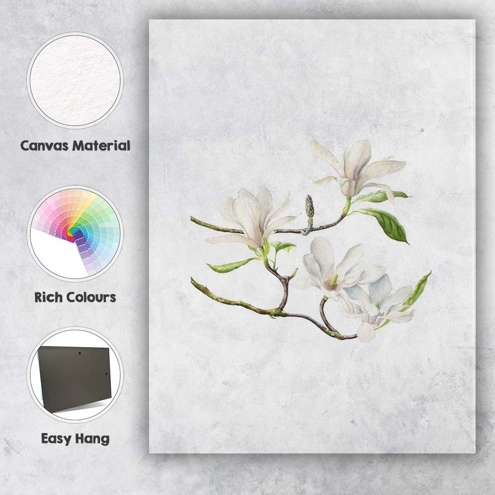 Graceful White Magnolia Branch Floral Watercolour Canvas Wall Art Print Decor Picture Ready to Hang