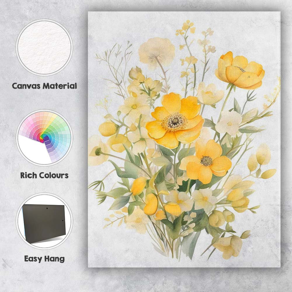 Yellow Spring Wildflower Meadow Bouquet Watercolour Canvas Wall Art Print Decor Picture Ready to Hang
