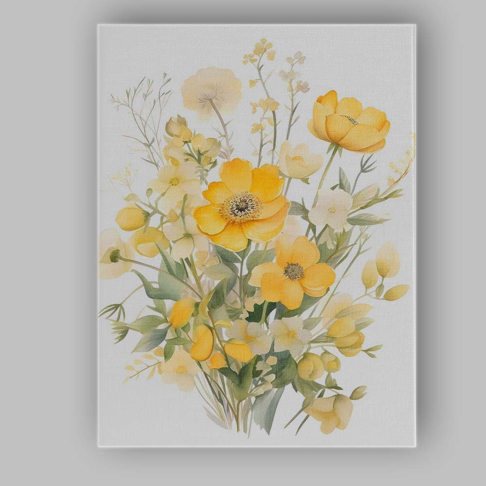 Yellow Spring Wildflower Meadow Bouquet Watercolour Canvas Wall Art Print Decor Picture Ready to Hang