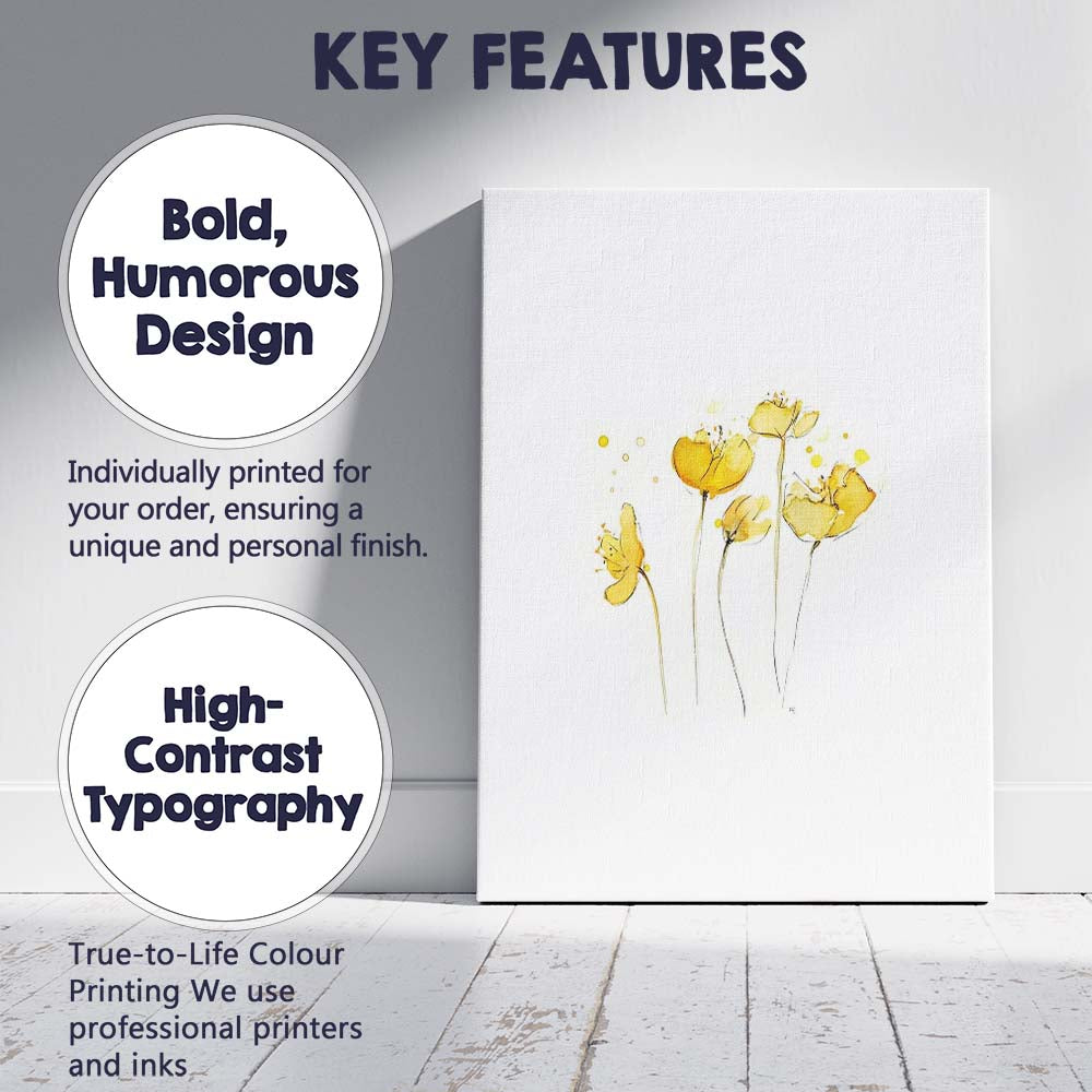 Minimal Yellow Floral Line Art Watercolour Canvas Wall Art Print Decor Picture Ready to Hang