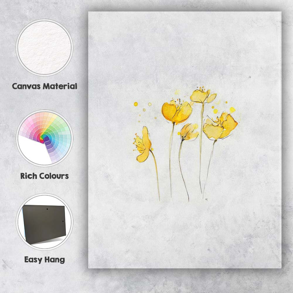 Minimal Yellow Floral Line Art Watercolour Canvas Wall Art Print Decor Picture Ready to Hang