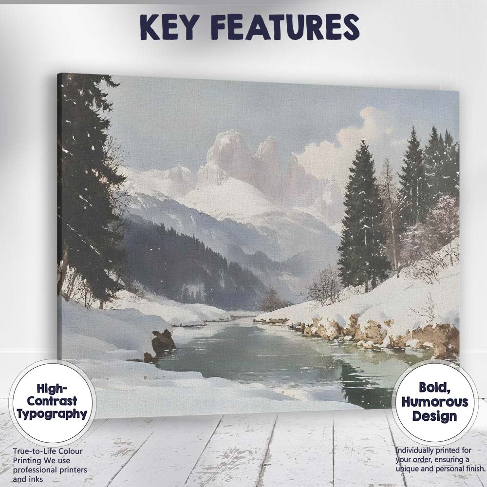 Snowy Mountain Lake Alpine Winter Landscape Canvas Wall Art Print Decor Picture Ready to Hang