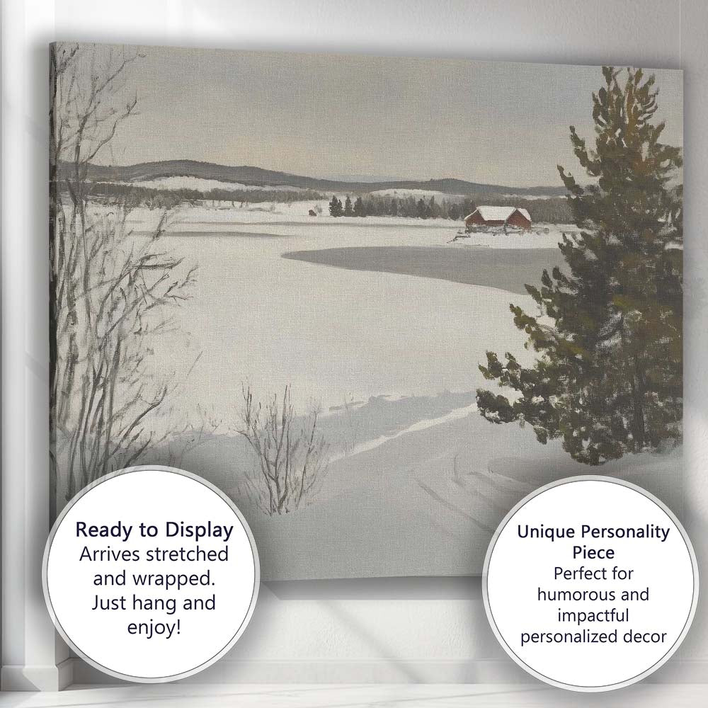 Frozen Lake Countryside Farmhouse Winter Panorama Canvas Wall Art Print Decor Picture Ready to Hang