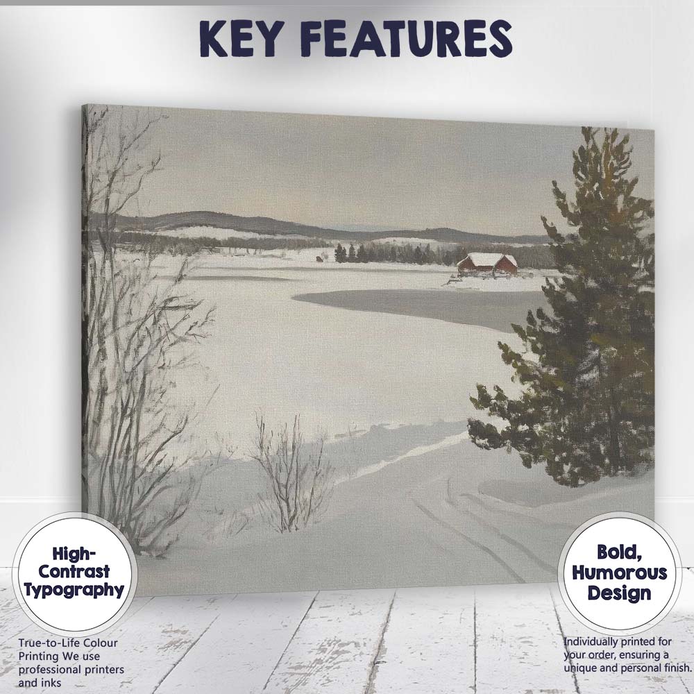 Frozen Lake Countryside Farmhouse Winter Panorama Canvas Wall Art Print Decor Picture Ready to Hang