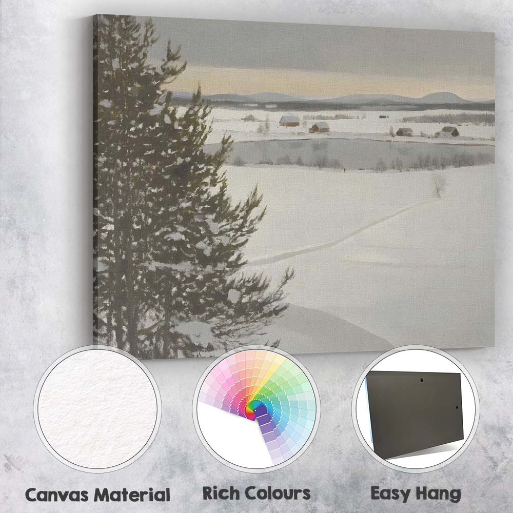 Scandinavian Snowy Countryside Frozen Lake Rural Winter Landscape Canvas Wall Art Print Decor Picture Ready to Hang