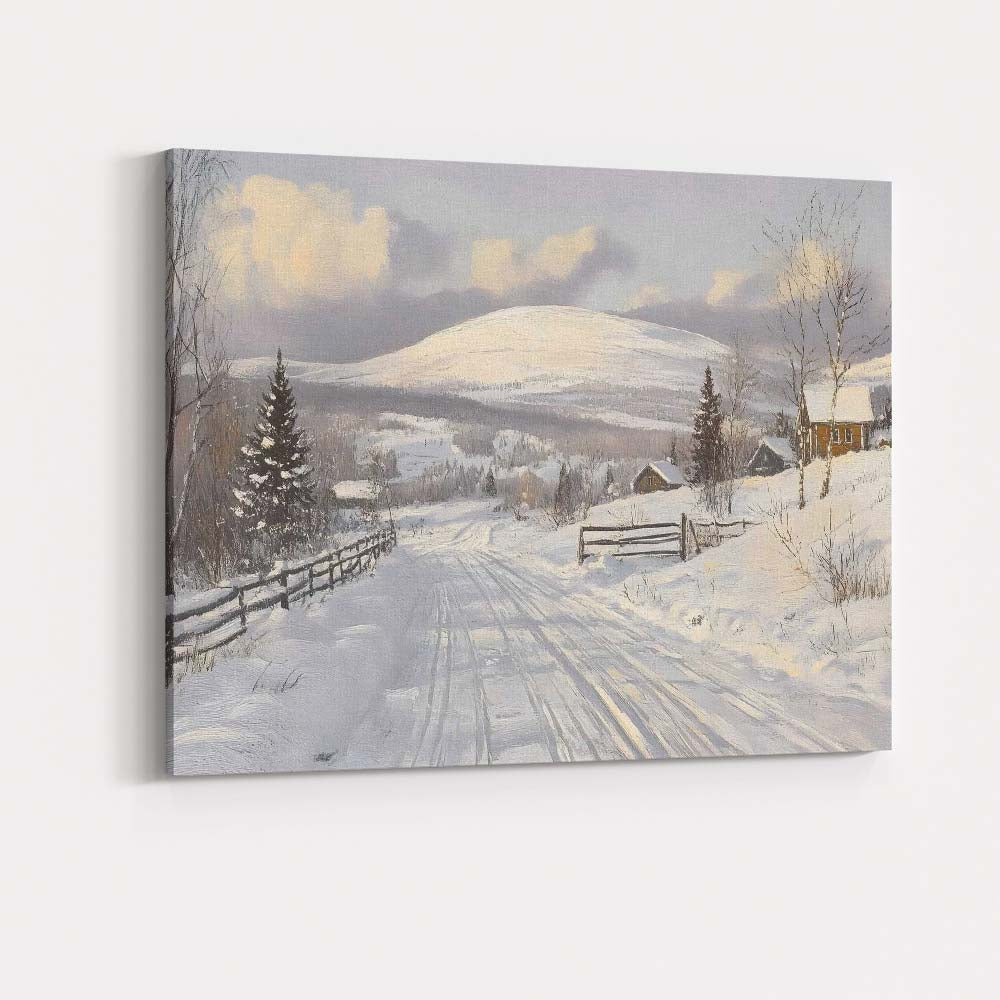 Sunlit Snowy Country Road Mountain Village Winter Scene Canvas Wall Art Print Decor Picture Ready to Hang