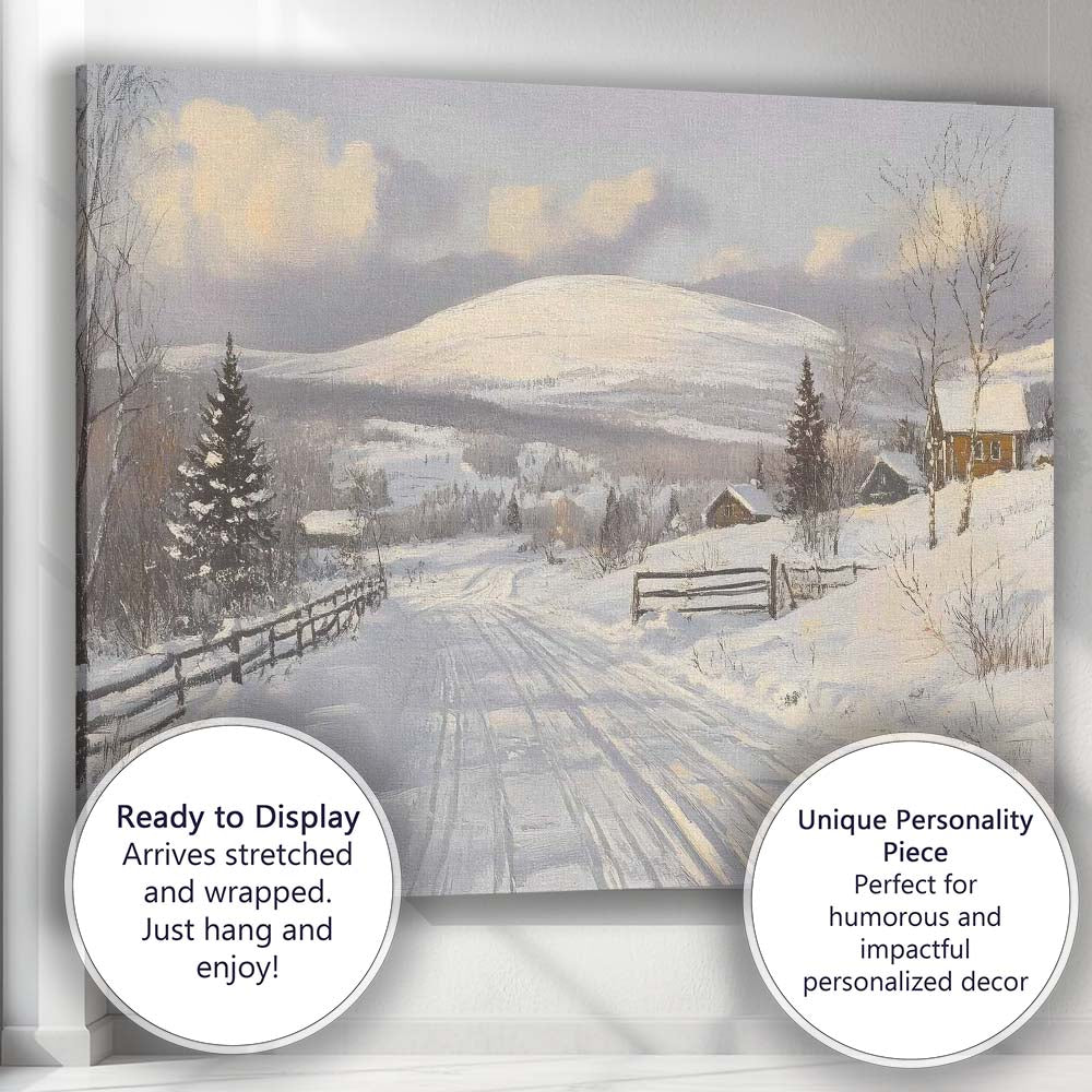 Cosy Snow Covered Country Road Winter Village Landscape Canvas Wall Art Print Decor Picture Ready to Hang