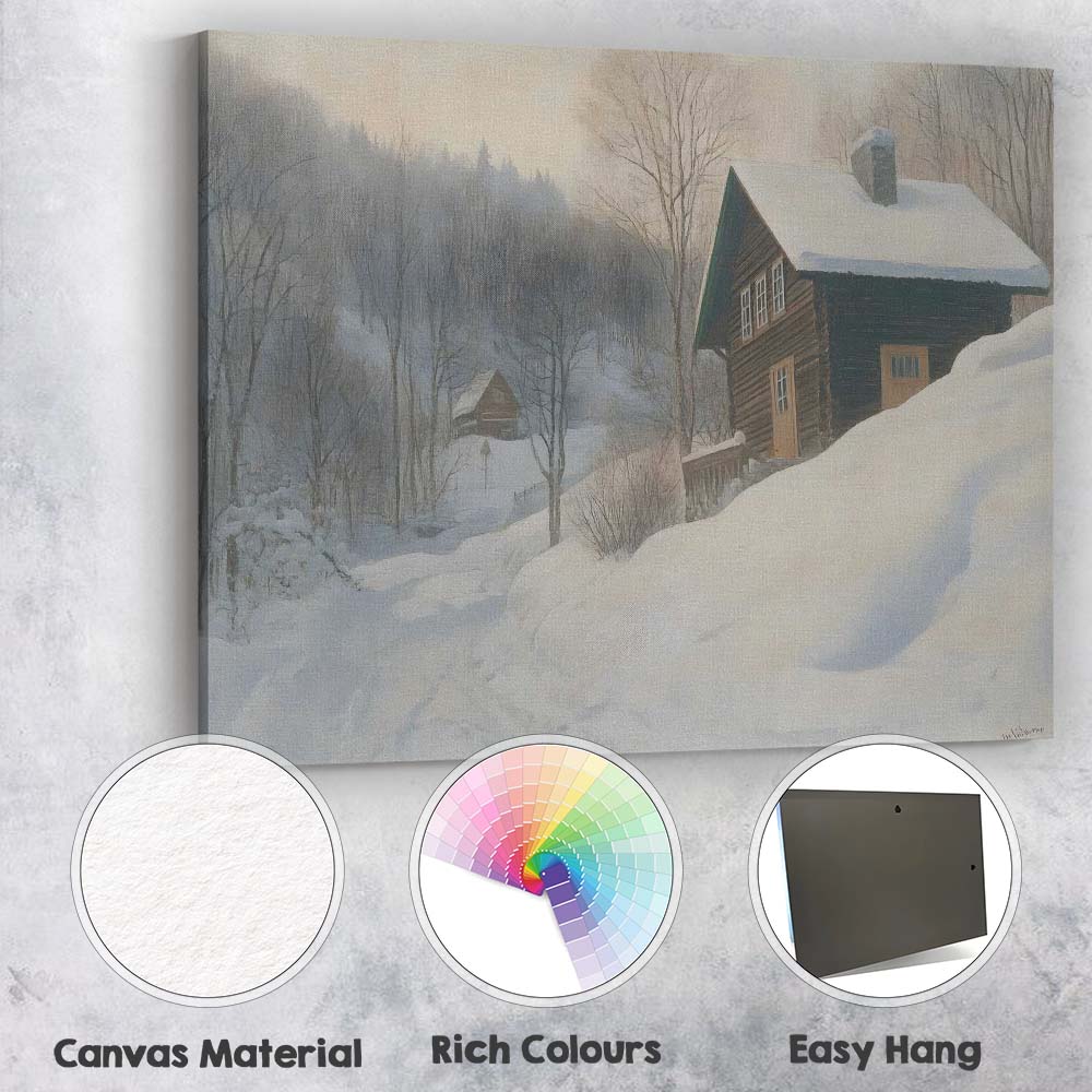 Winter Snow Covered Rustic Log Cabin Forest Landscape Canvas Wall Art Print Decor Picture Ready to Hang