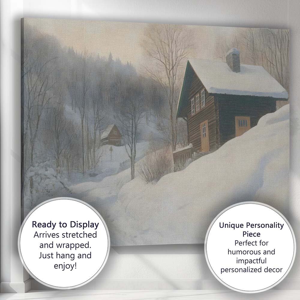 Winter Snow Covered Rustic Log Cabin Forest Landscape Canvas Wall Art Print Decor Picture Ready to Hang
