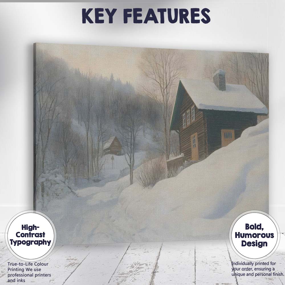 Winter Snow Covered Rustic Log Cabin Forest Landscape Canvas Wall Art Print Decor Picture Ready to Hang