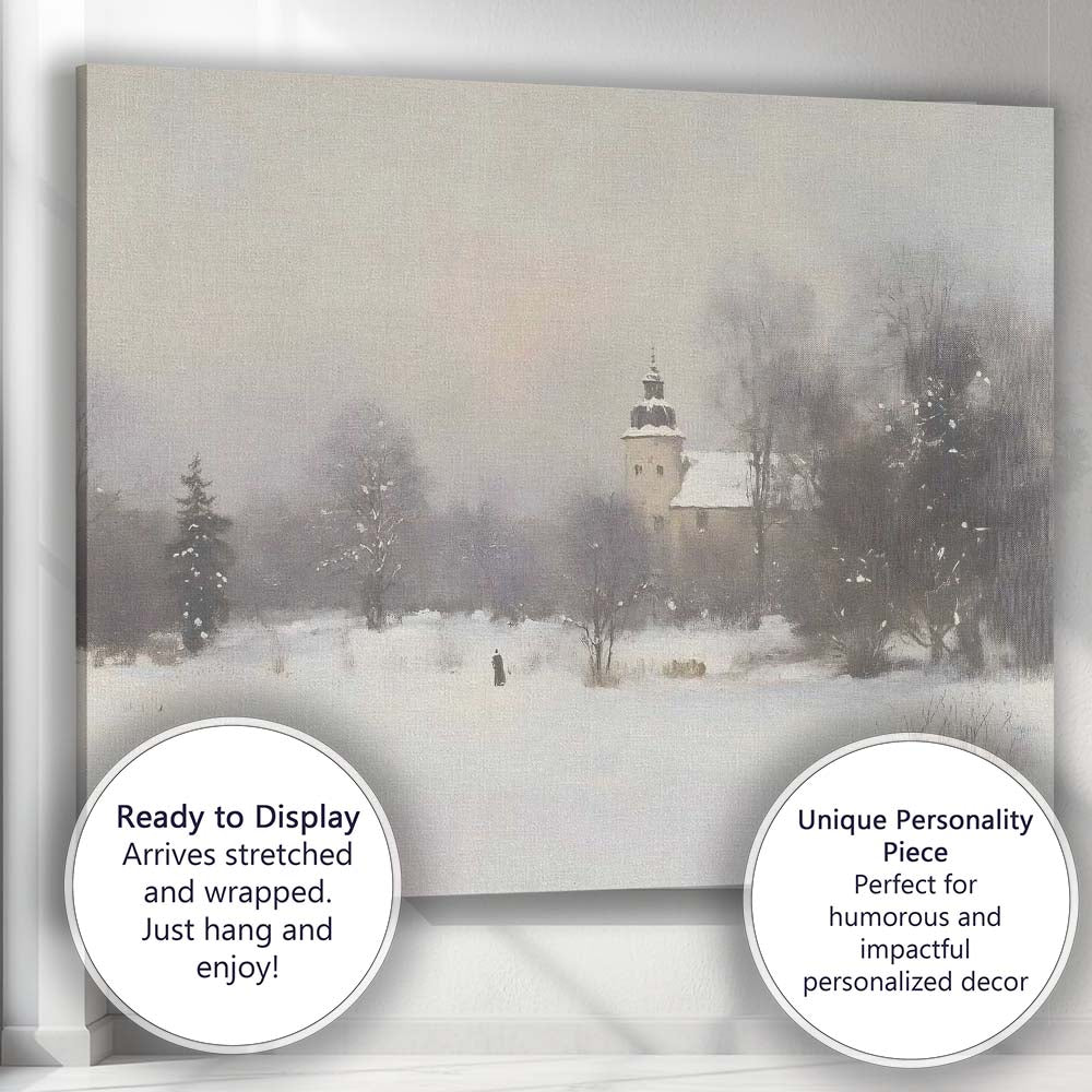 Impressionist Snowy Church Winter Countryside Landscape Canvas Wall Art Print Decor Picture Ready to Hang