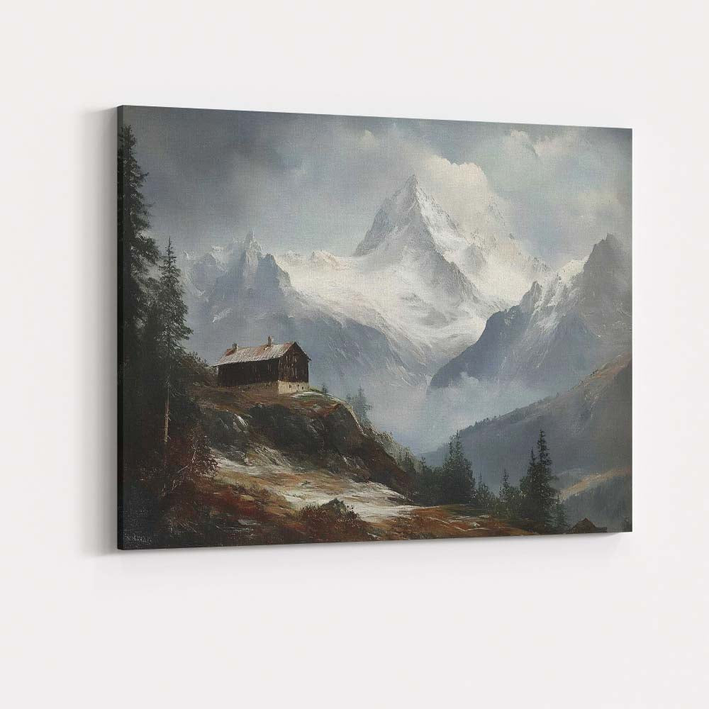 Majestic Snow Capped Mountain Peak Alpine Cabin Landscape Canvas Wall Art Print Decor Picture Ready to Hang
