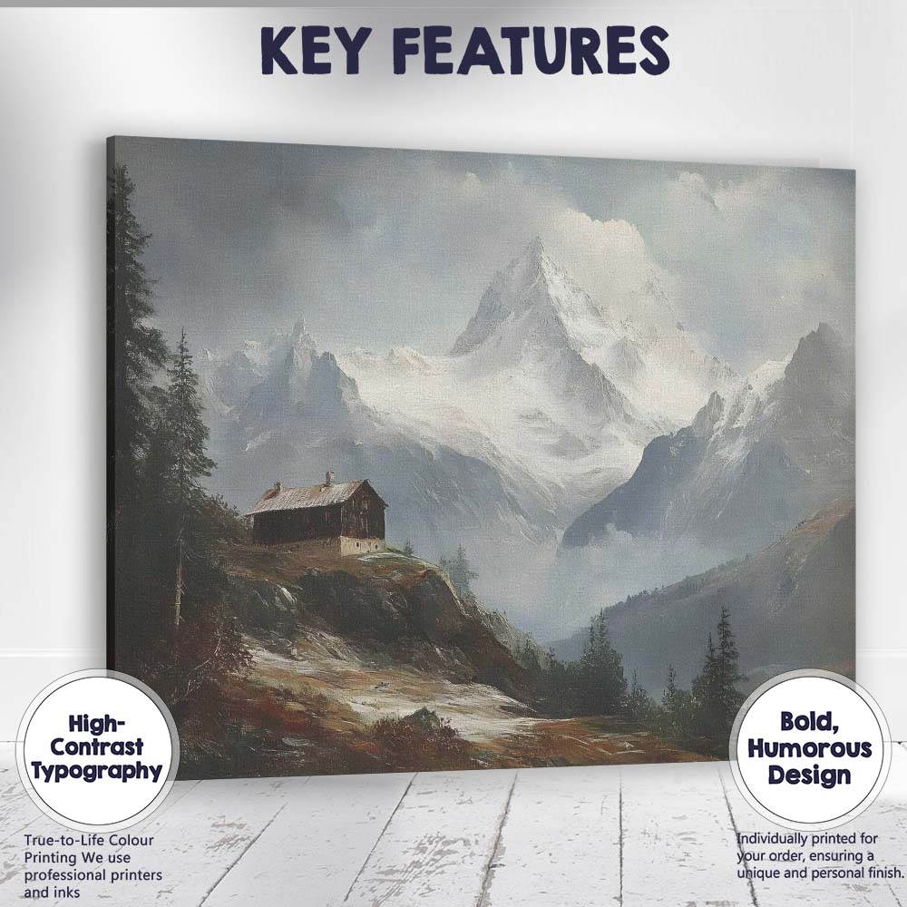 Majestic Snow Capped Mountain Peak Alpine Cabin Landscape Canvas Wall Art Print Decor Picture Ready to Hang