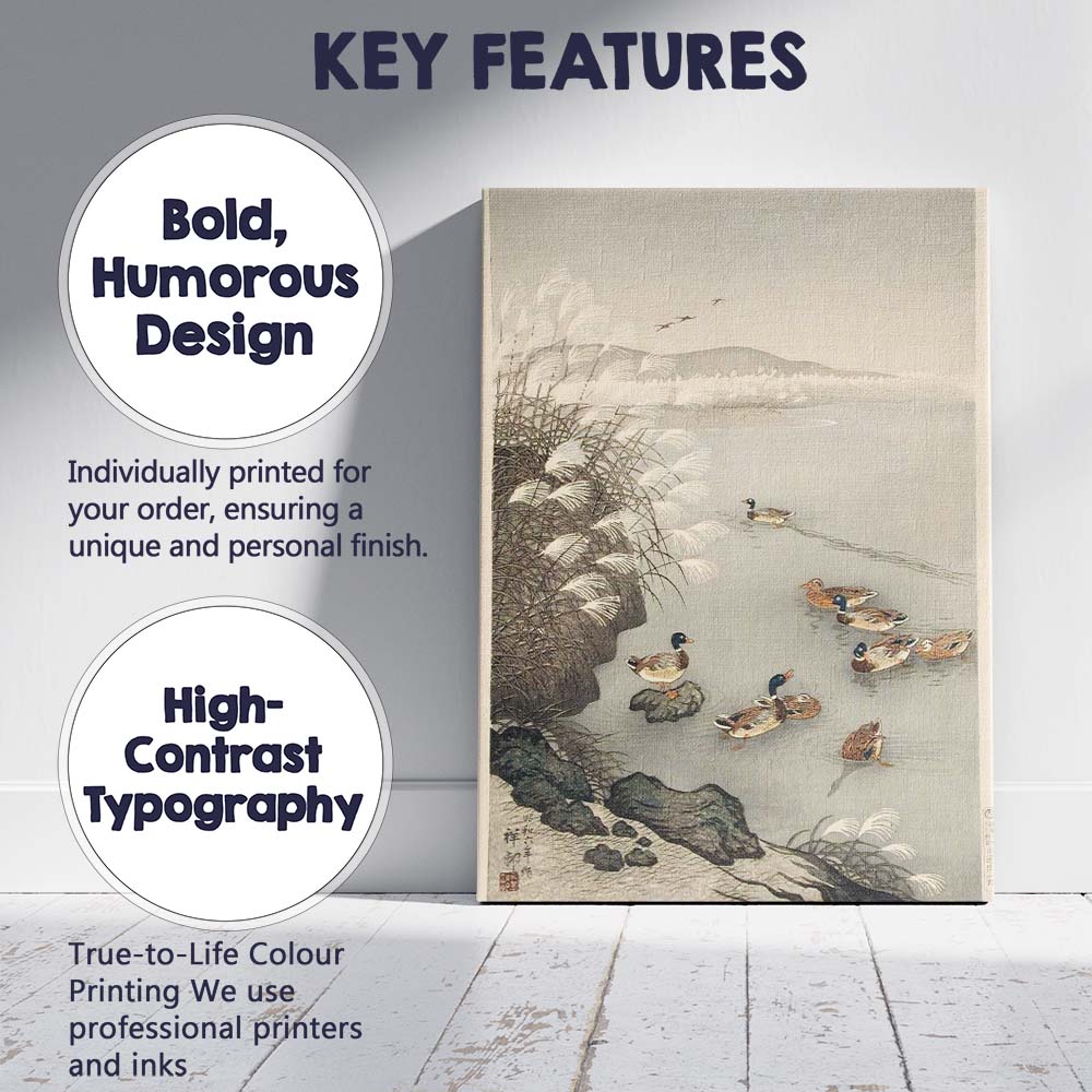 Japanese Style Ducks on Tranquil Reed Lake Winter Waterscape Canvas Wall Art Print Decor Picture Ready to Hang