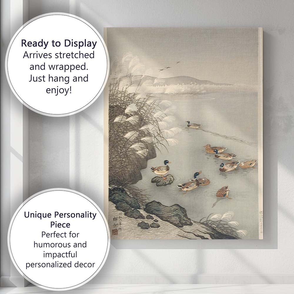 Japanese Style Ducks on Tranquil Reed Lake Winter Waterscape Canvas Wall Art Print Decor Picture Ready to Hang