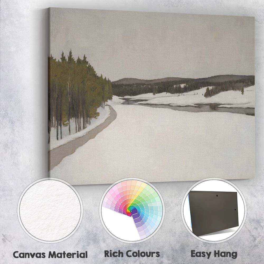 Frozen River Valley Winter Wilderness Landscape Muted Grey Green Scenic Painting Canvas Wall Art Print Decor Picture Ready to Hang