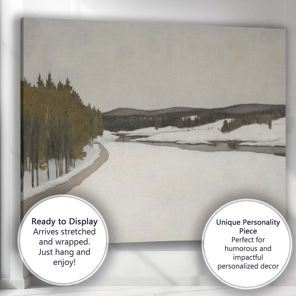 Frozen River Valley Winter Wilderness Landscape Muted Grey Green Scenic Painting Canvas Wall Art Print Decor Picture Ready to Hang