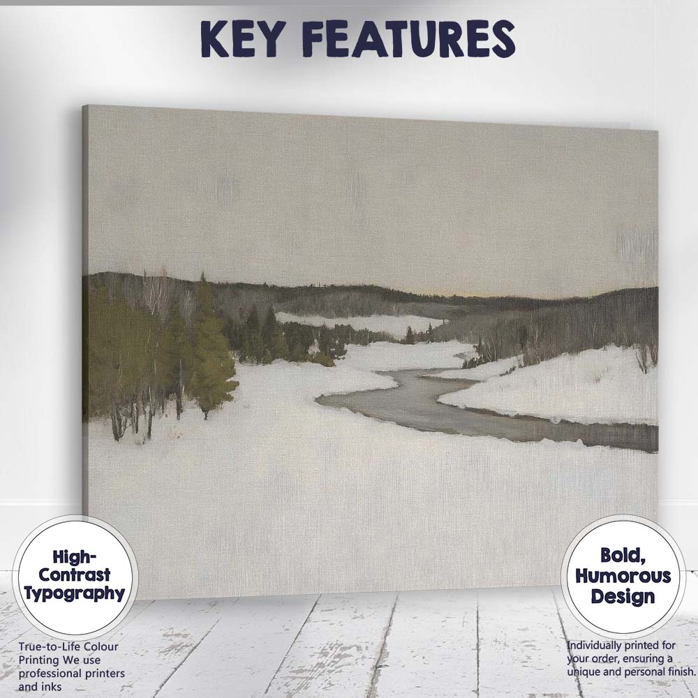 Peaceful Meandering Frozen River Snowy Countryside Landscape Canvas Wall Art Print Decor Picture Ready to Hang