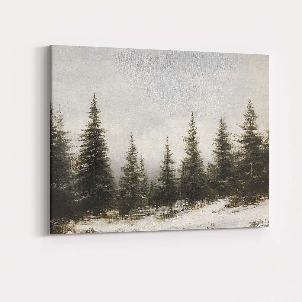 Misty Evergreen Forest Snowy Woodland Winter Landscape Canvas Wall Art Print Decor Picture Ready to Hang