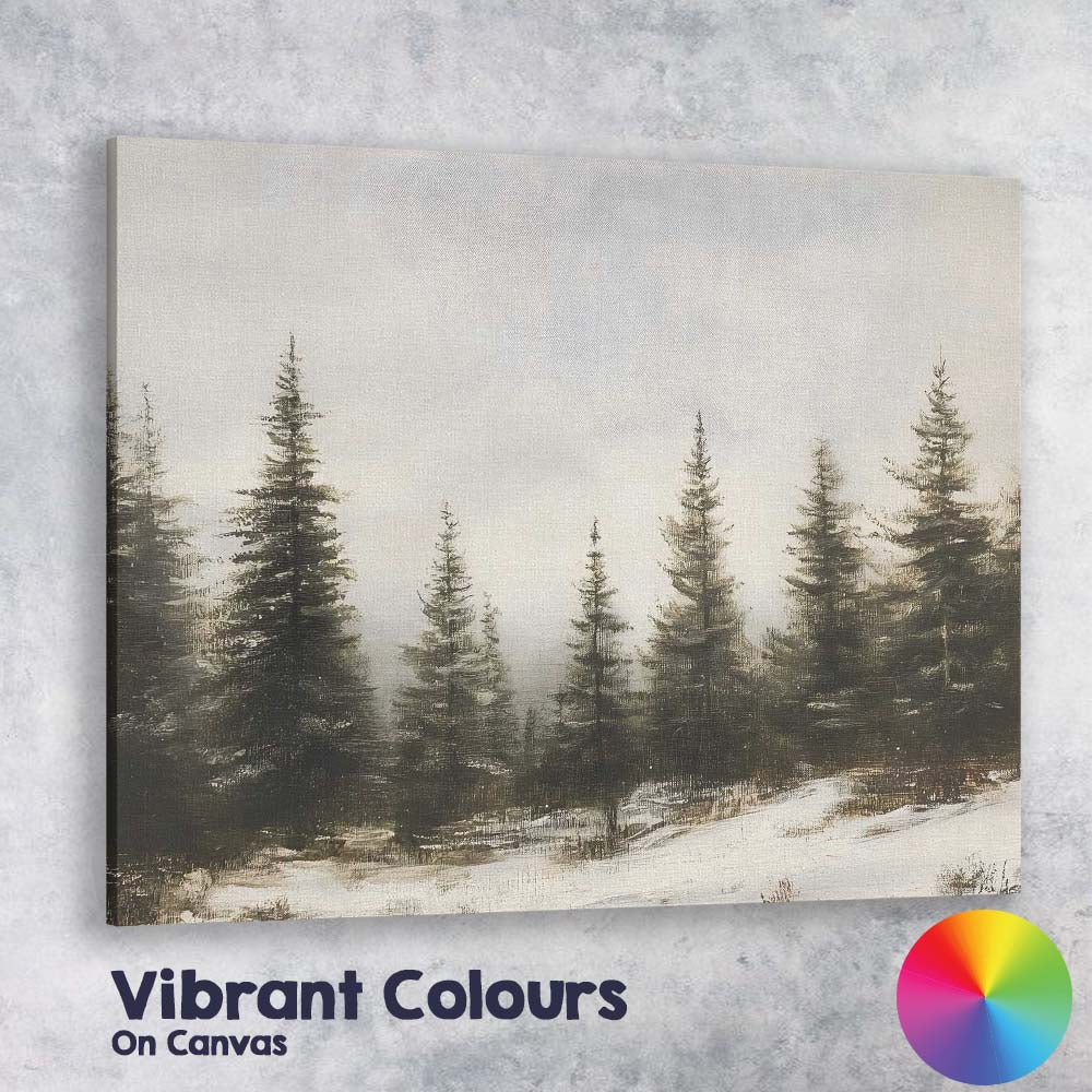 Misty Evergreen Forest Snowy Woodland Winter Landscape Canvas Wall Art Print Decor Picture Ready to Hang