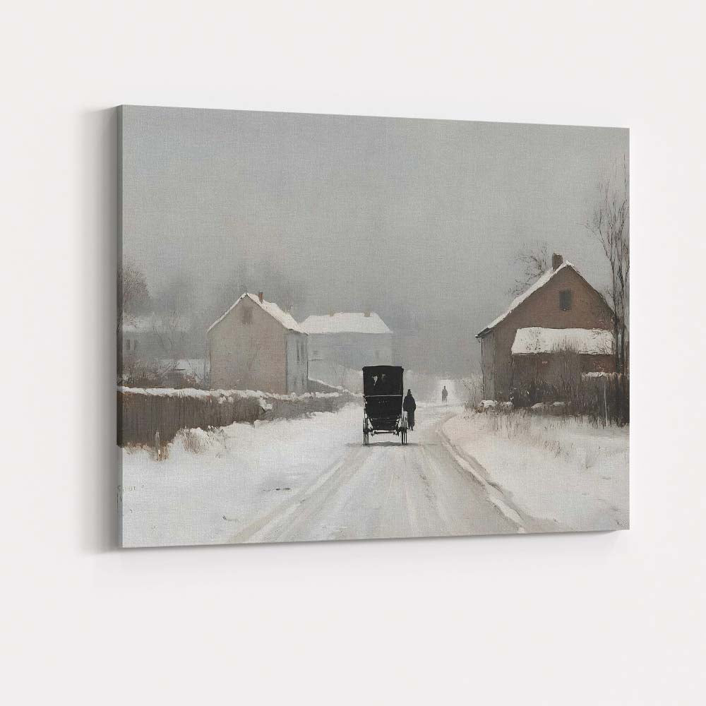 Horse Drawn Carriage in Snowy Village Winter Scene Canvas Wall Art Print Decor Picture Ready to Hang