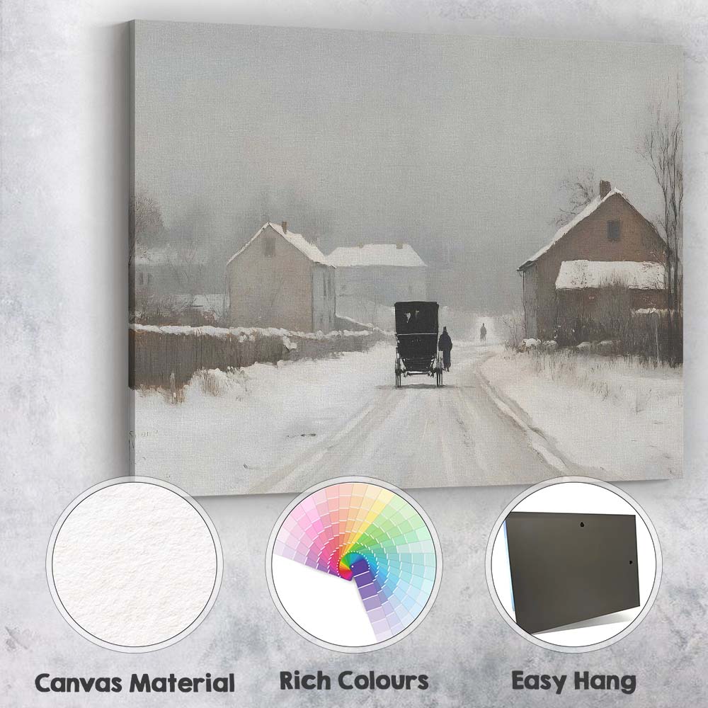 Horse Drawn Carriage in Snowy Village Winter Scene Canvas Wall Art Print Decor Picture Ready to Hang