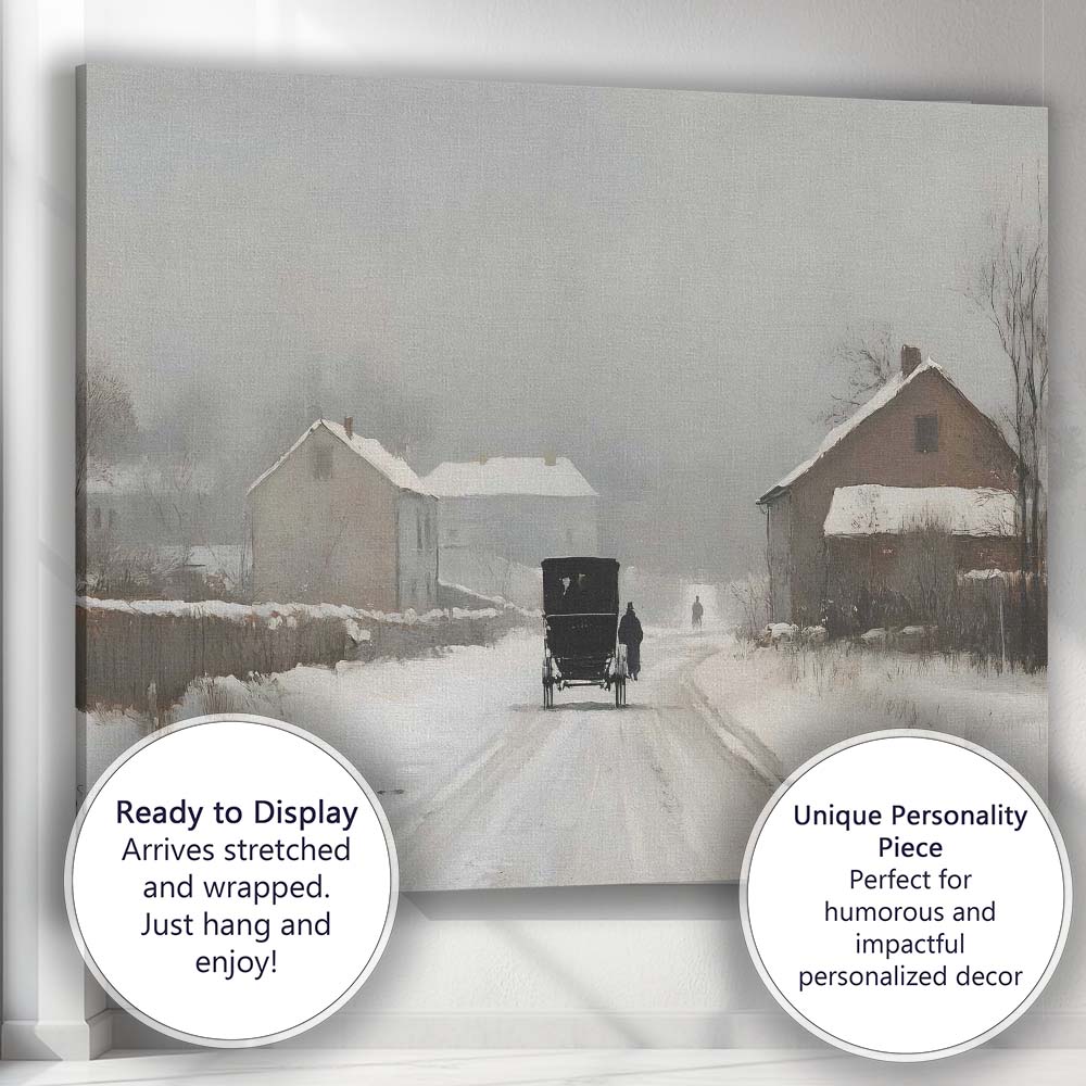 Rustic Horse Drawn Carriage Snowy Village Winter Scene Canvas Wall Art Print Decor Picture Ready to Hang
