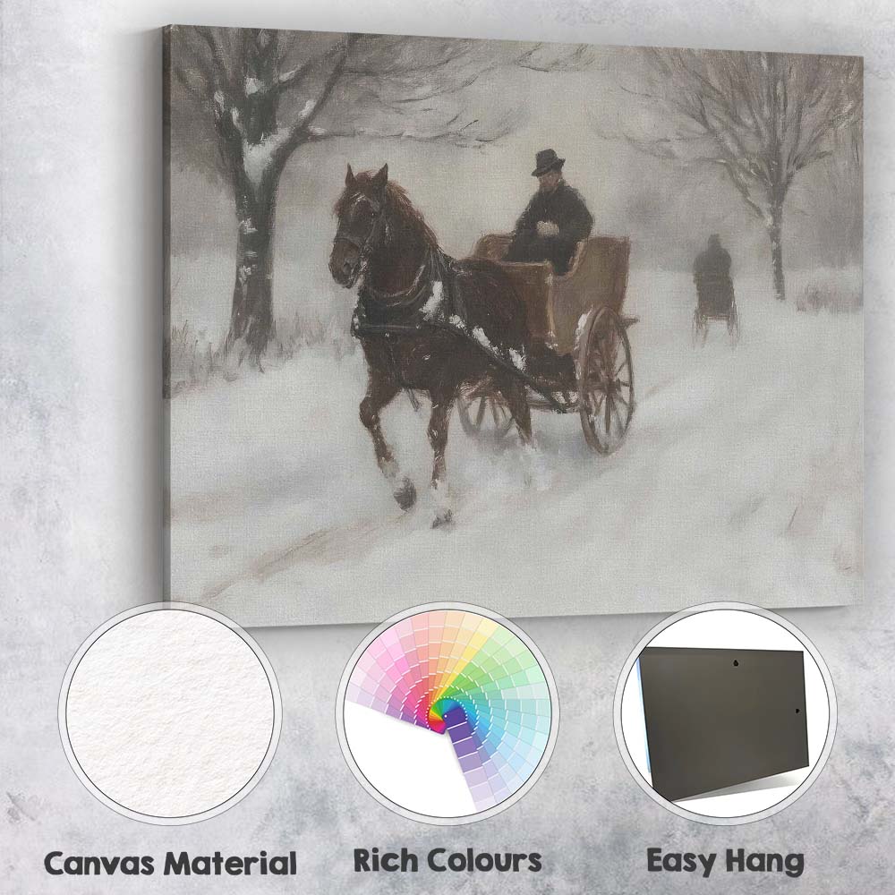 Impressionist Horse Drawn Carriage Snow Covered Winter Country Road Canvas Wall Art Print Decor Picture Ready to Hang