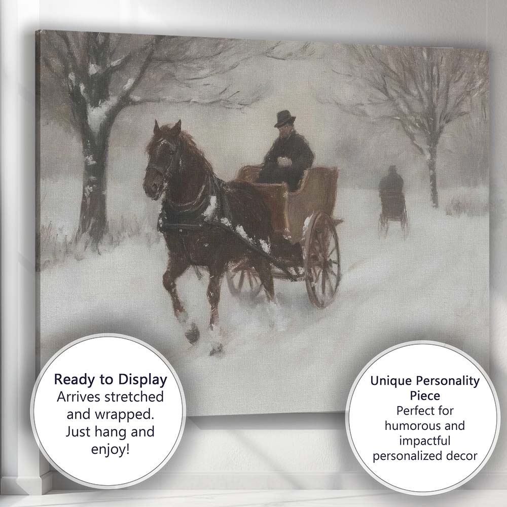 Impressionist Horse Drawn Carriage Snow Covered Winter Country Road Canvas Wall Art Print Decor Picture Ready to Hang