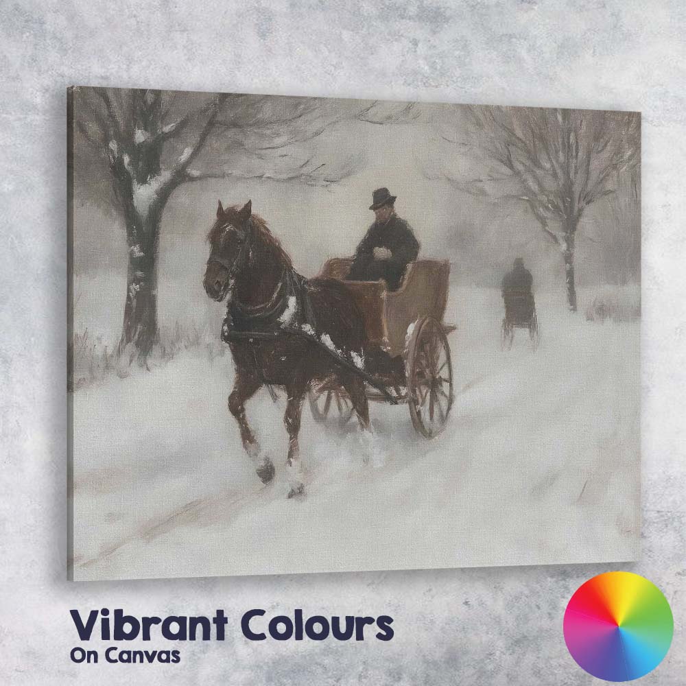 Impressionist Horse Drawn Carriage Snow Covered Winter Country Road Canvas Wall Art Print Decor Picture Ready to Hang